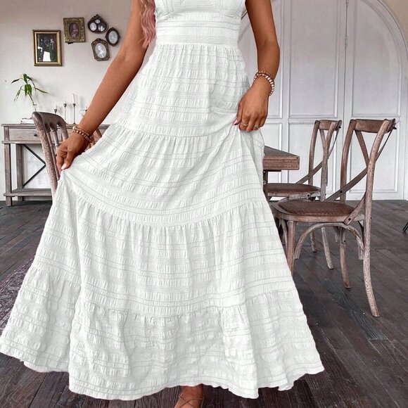 White Casual Women's Ruffle Hem Spaghetti Strap Dress - Picture 7 of 7